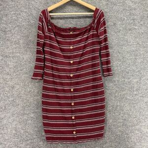 New Rue+ Dress Women 2X Plus Red Striped Shift Short 3/4 Sleeve Lined Button